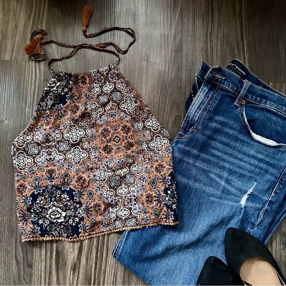 American Eagle Boho Floral Mosaic Halter Top with Tassels – Size M